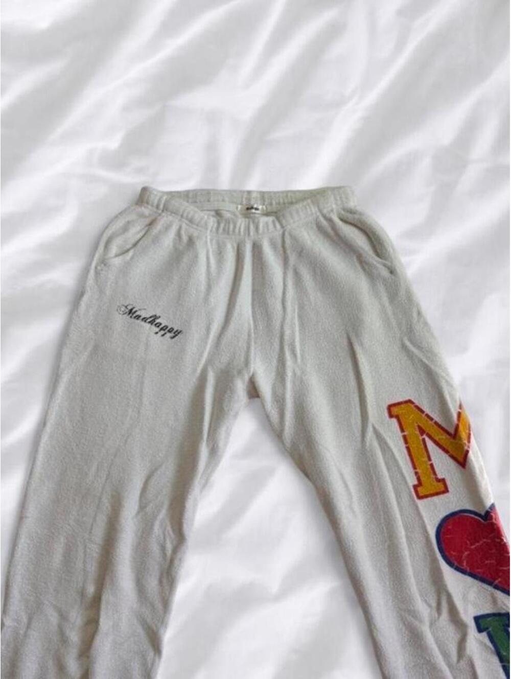 MadHappy White Terry Cloth Sweatpants Small Graphic Logo Cozy Joggers